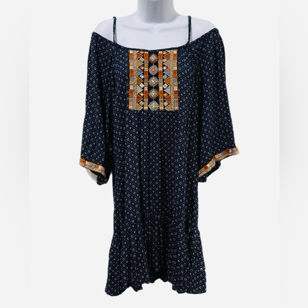 Lola P Off Shoulder Bohemian Mini Embroidered Sun Dress Size Large